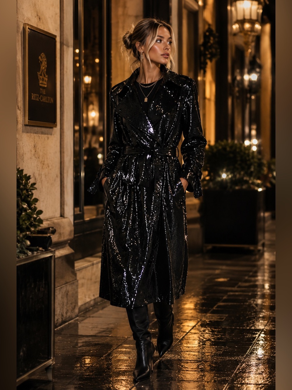 NWT Alice + Olivia Nevada Embellished Drapery Black Sequin Trench Coat size smal